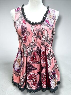 Odd Molly 100% Silk Paisley Pintuck Lace Trim Luxury Boho Tunic Top Size 2 (M)